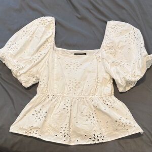 Saks Fifth Avenue White Eyelet Puff-Sleeve Peplum Blouse